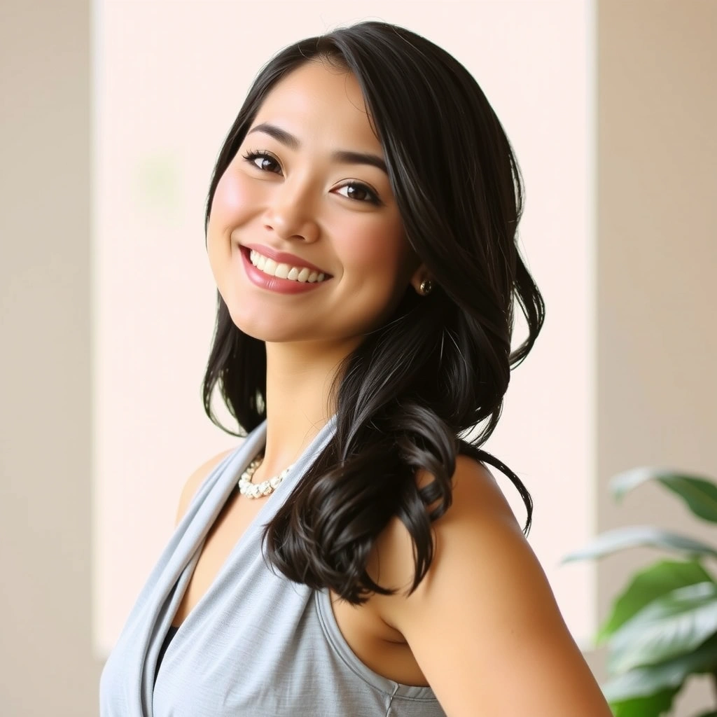 Professional headshot of Aisha Khan, an energetic female yoga instructor with a radiant smile.