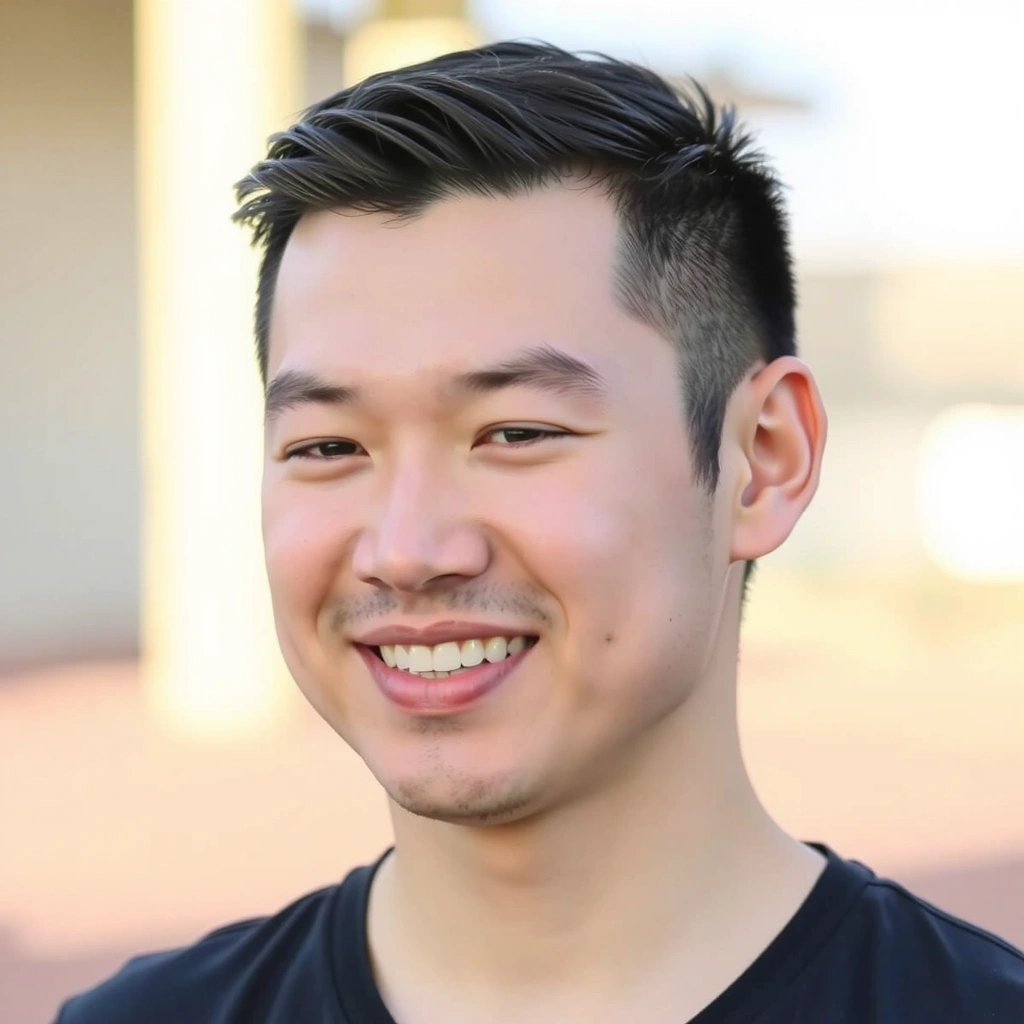 Professional headshot of David Lee, a calm male yoga instructor with a thoughtful expression.
