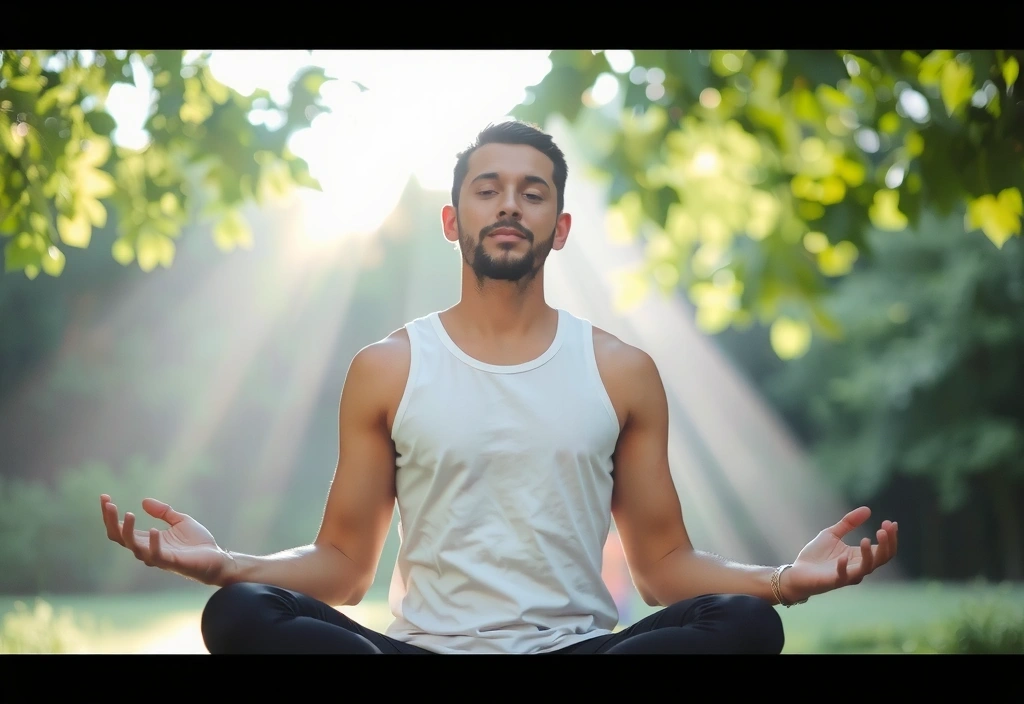 A person meditating in a serene natural setting, sunlight filtering through trees.