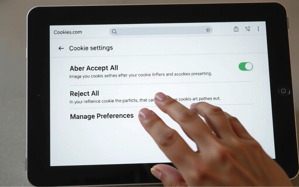 A person's hand interacting with a digital interface showing cookie settings, symbolizing user control over privacy.