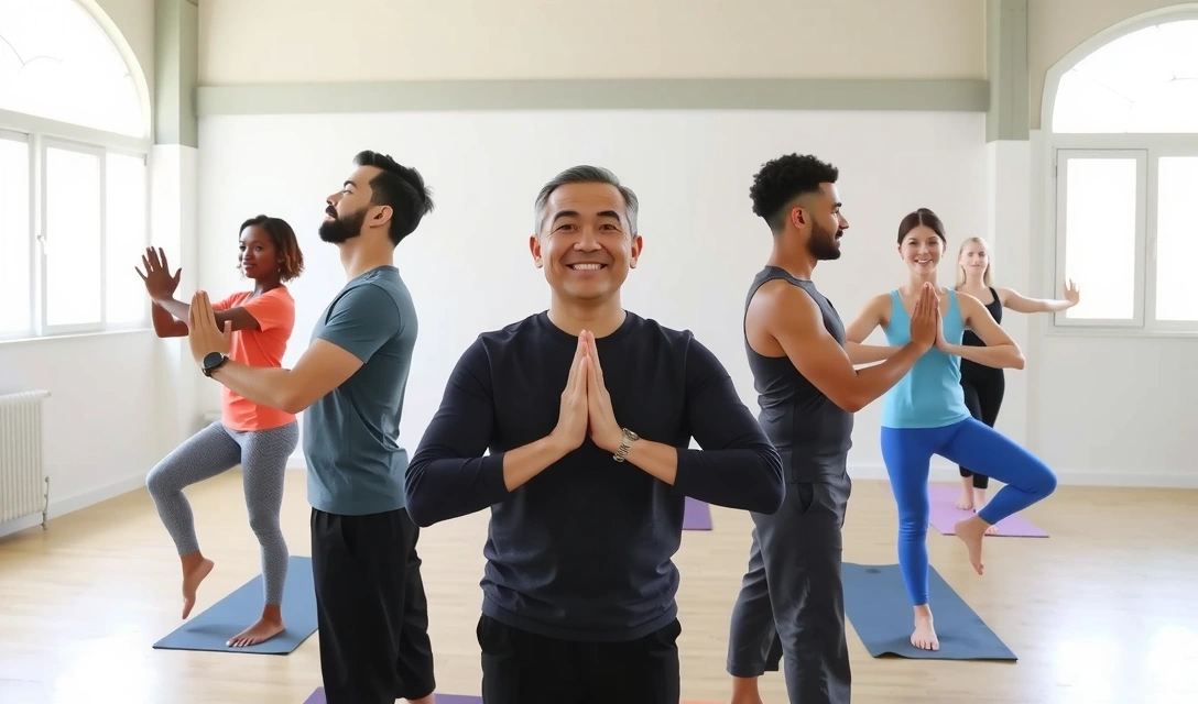 Diverse group of people doing yoga in a bright studio, illustrating community and well-being.