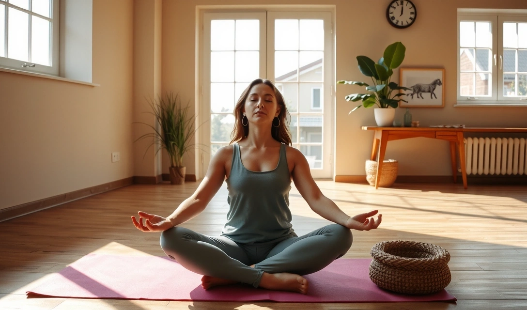 Yoga practitioner meditating in a sunlit studio, illustrating the calm and focus achieved through practice.