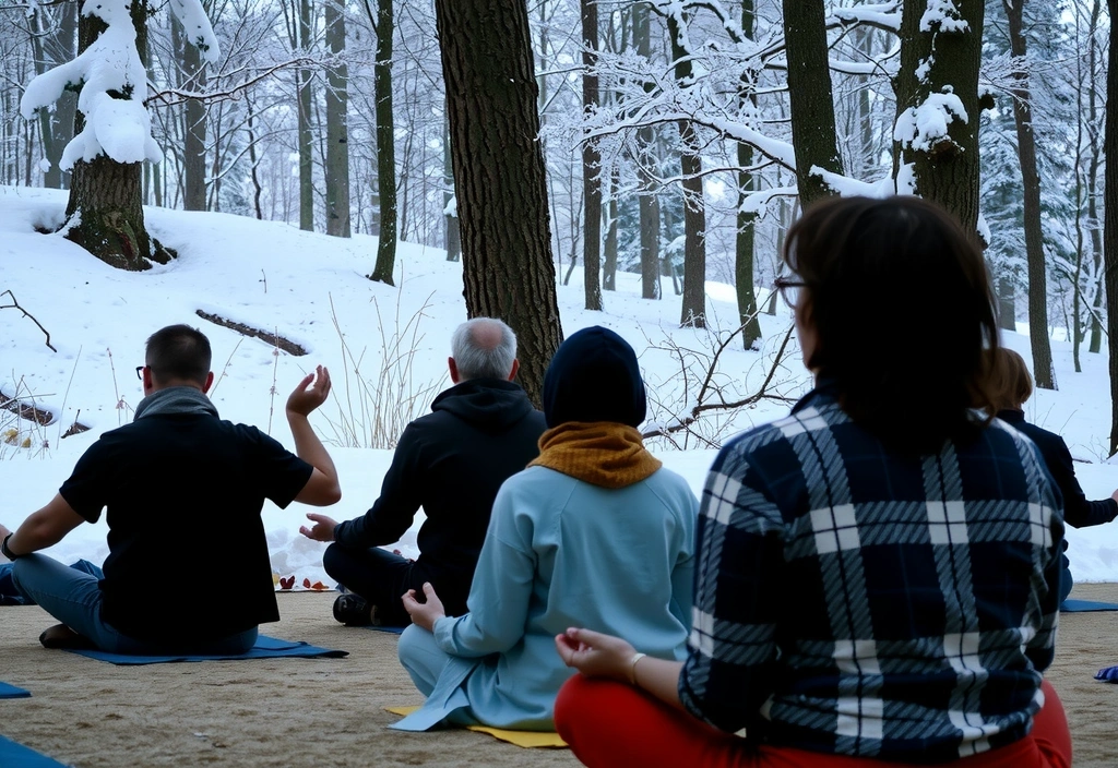 Group meditating during a winter solstice retreat with snow-capped trees in the background