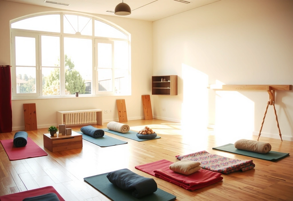 Spacious, sunlit yoga studio ready for an event, with mats and props neatly arranged